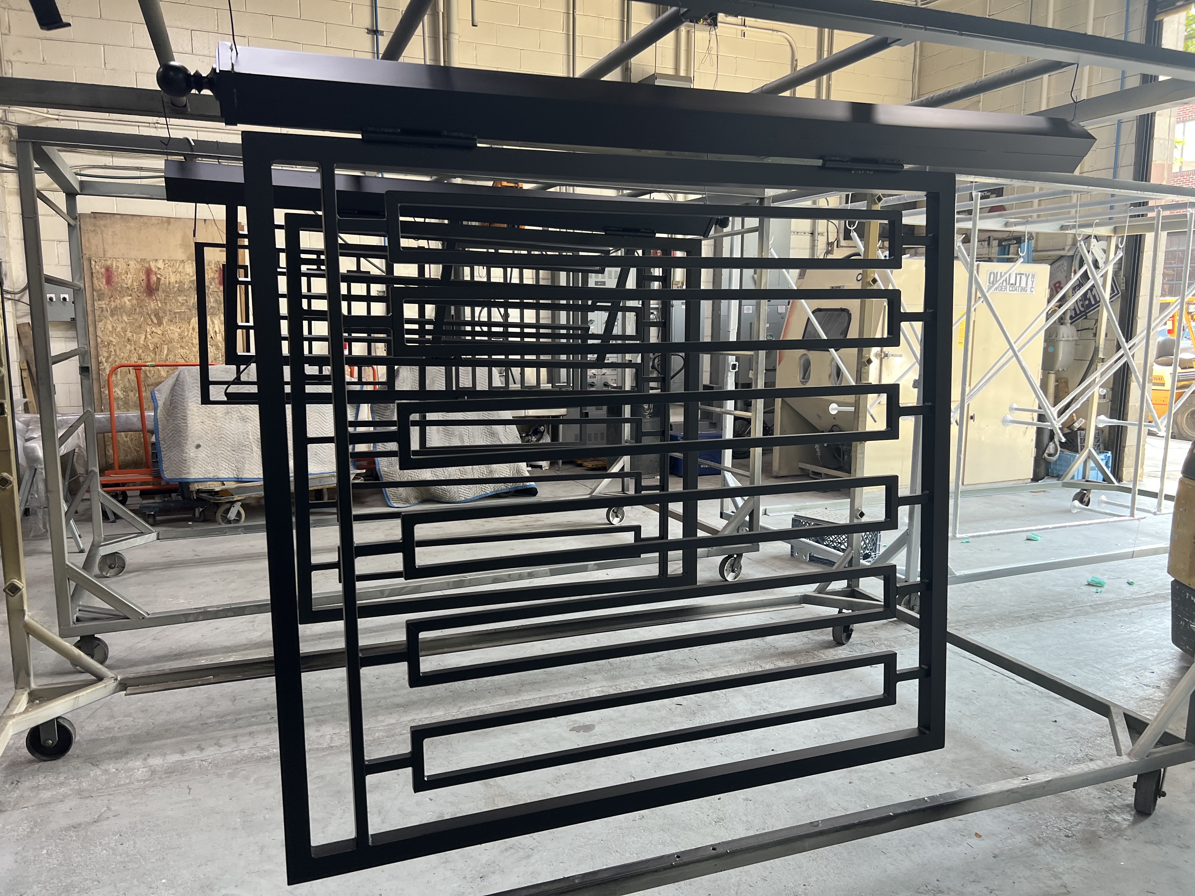 Black architectural metal frames after powder coating
